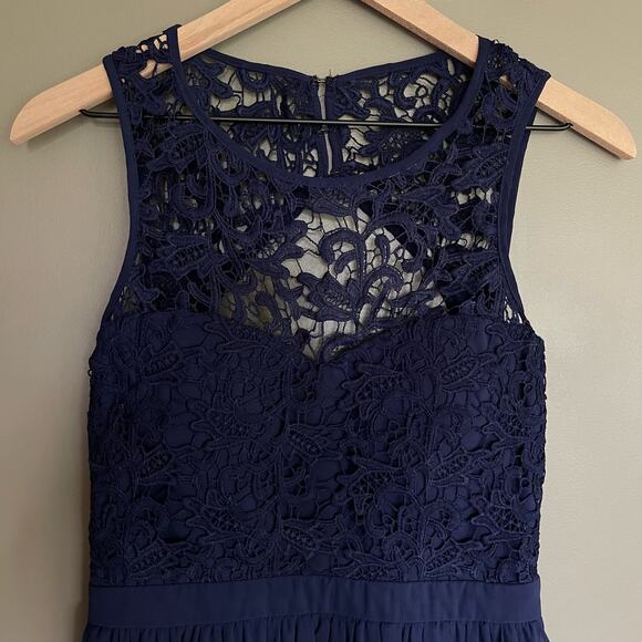 Lulus Romantic Tale Navy Blue Lace Mini Skater Dress Size Medium Open Back Sexy - Picture 9 of 16